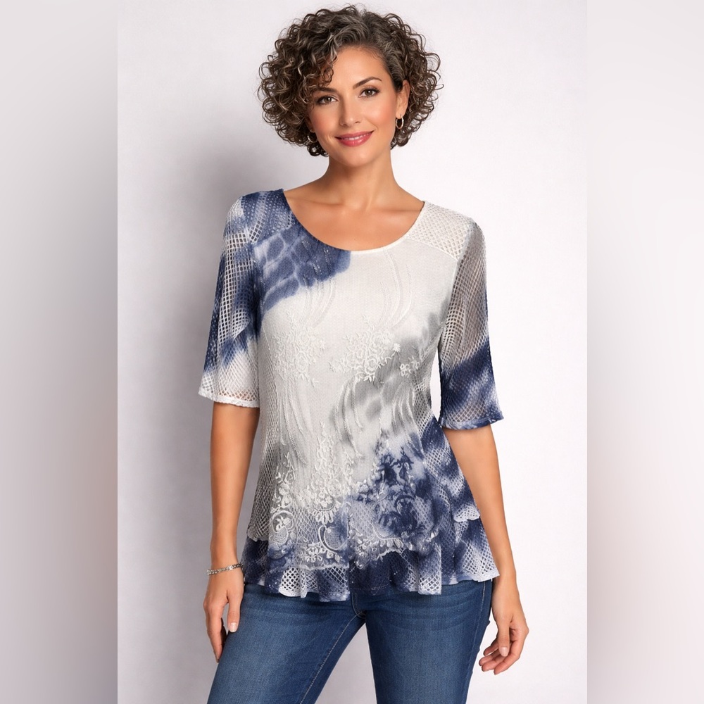 Froccella Blue and White Mesh Blouse with Embroidery